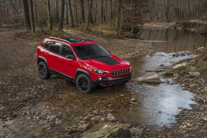 Red 2019 Jeep Cherokee Trailhawk in a stream