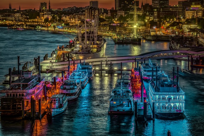 Hamburg Harbor at Dusk with Ships and City Lights