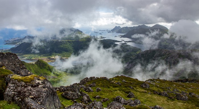 Lofoten Mountains with Fog and Bay in Norway