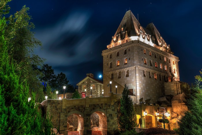 Castle at night with street lights and trees