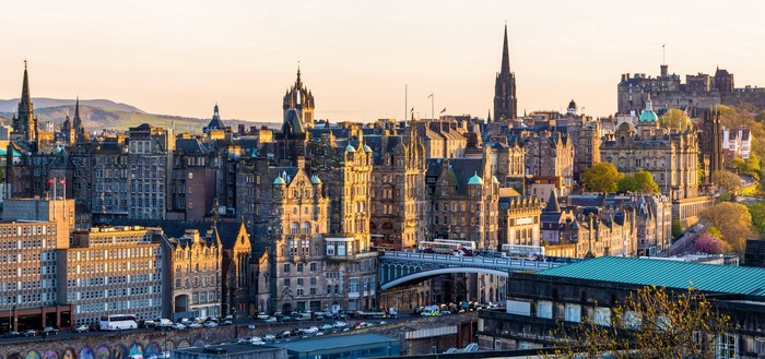 Edinburgh, Scotland cityscape with castle and bridge