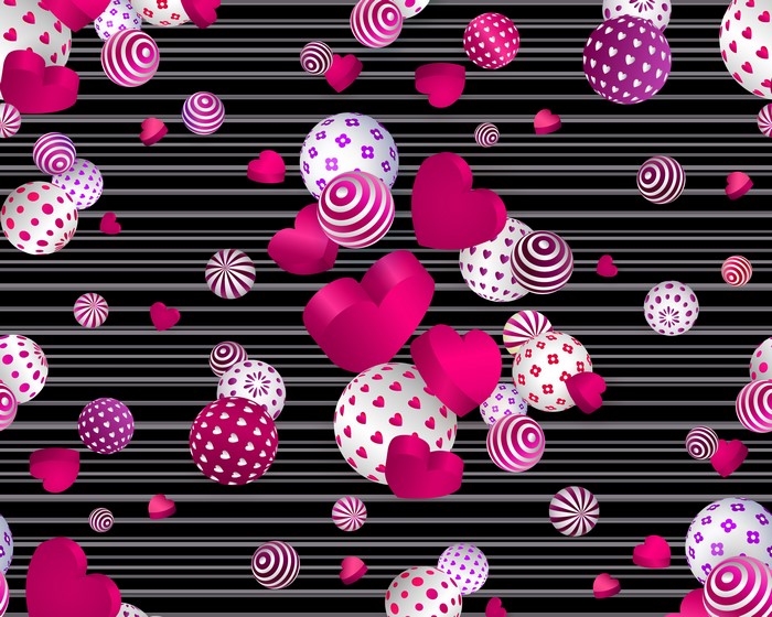 Valentine's Day Hearts and Balls on Striped Background