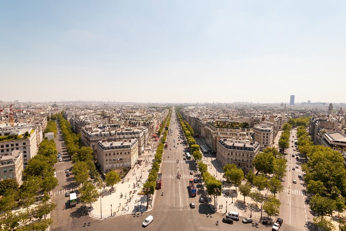 Aerial view of Champs-Élysées in Paris, France