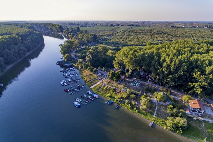Aerial view of Futog marina on the Danube River in Serbia