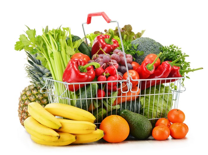 Shopping basket full of fruits and vegetables