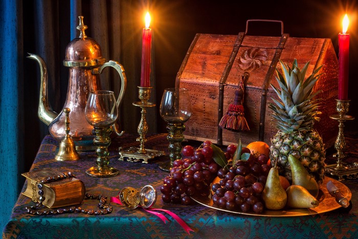 Still-life with fruit, candles, and treasure chest
