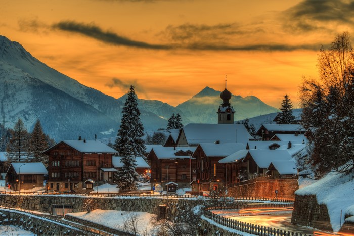 Blitzingen Goms, Switzerland Village in Winter Evening