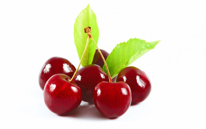4K Cherries with Leaves on White Background