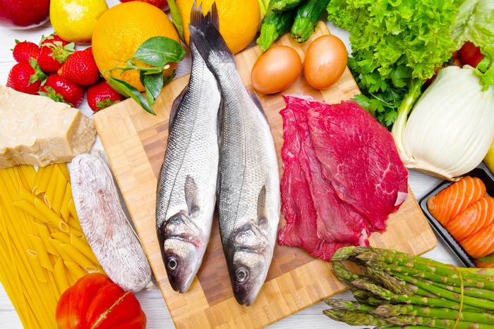 Assortment of Foods: Fish, Meat, Eggs, Vegetables, Fruits, Pasta, Cheese, and Salami