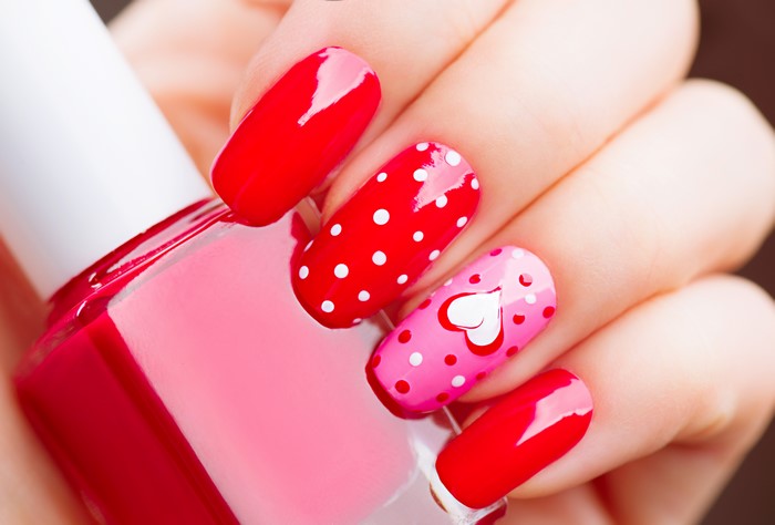 Valentine's Day Manicure with Hearts and Polka Dots