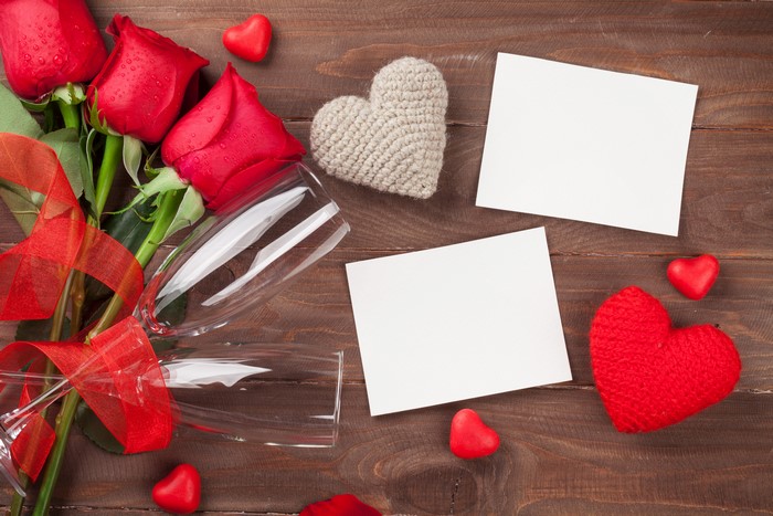 Valentine's Day Roses, Champagne Glasses, and Greeting Cards