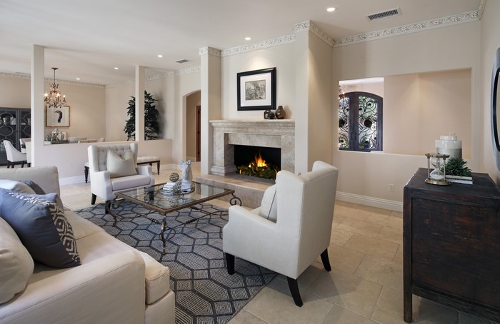 Living room with fireplace and armchairs