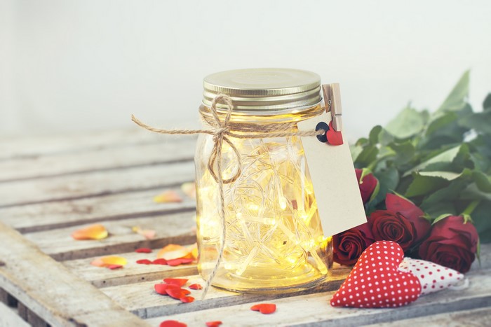 Jar with fairy lights, roses, and hearts