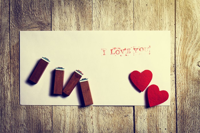Valentine's Day card with stamps and hearts