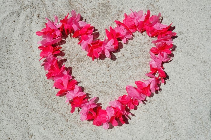 Heart shape made of pink flowers on sand