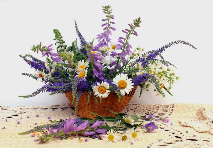 Wildflower bouquet in a wicker basket