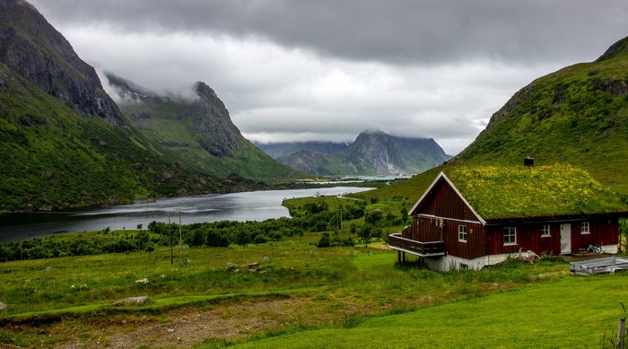 House with grass roof in Lofoten, Norway