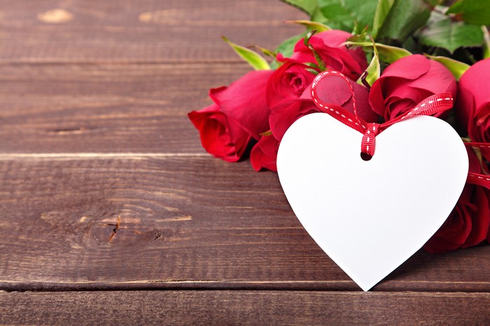 Red Roses with Heart Tag on Wood