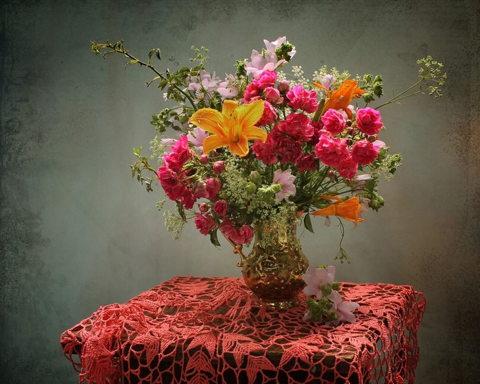 Bouquet of Roses, Lilies, and Other Flowers in a Vase