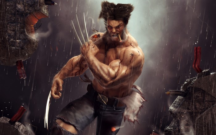 Wolverine with claws and cigar in the rain