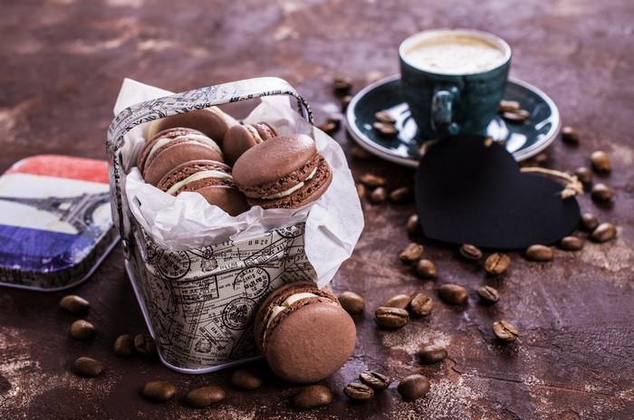 Chocolate Macarons in a Tin Box with Coffee