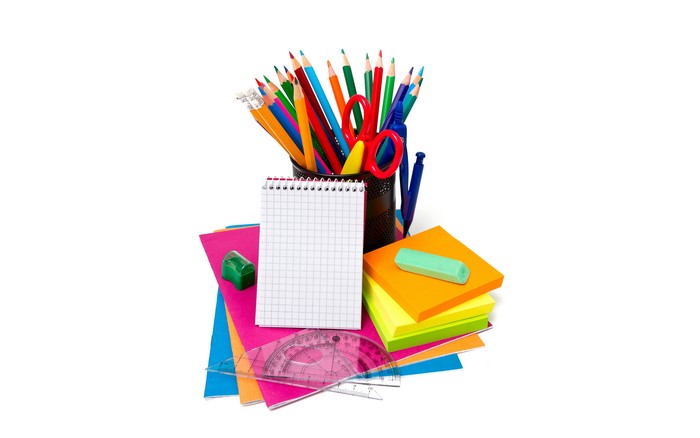 Stationery: Pencils, Notepad, Sticky Notes, Ruler, Eraser, Sharpener