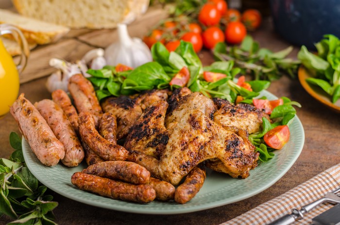 Grilled Chicken and Sausages with Salad