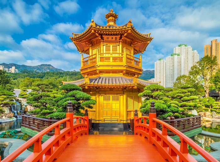Golden Pagoda and Bridge in Nan Lian Gardens, Hong Kong
