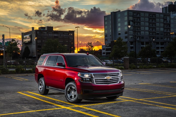 Red 2018 Chevrolet Tahoe SUV in Parking Lot