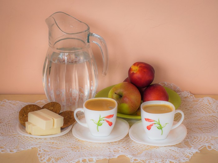 Coffee, Apples, Cookies, and Water Jug