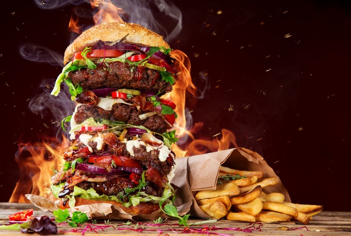 Giant Hamburger with French Fries and Flames