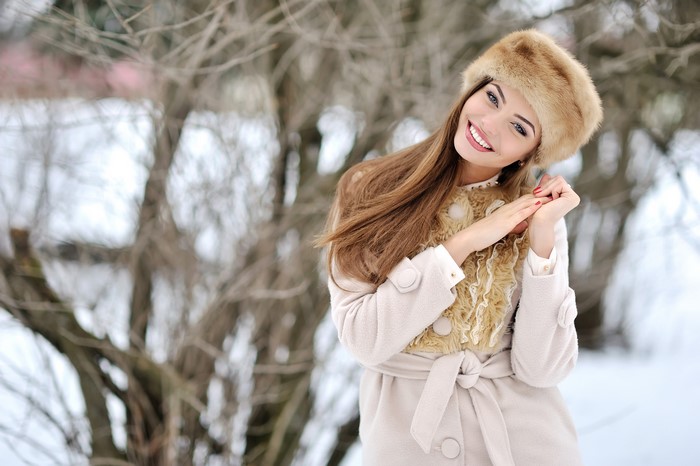 Woman in Winter Hat and Coat Smiling