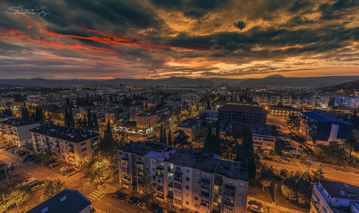 Podgorica, Montenegro at sunset with dramatic clouds