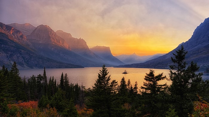4K Glacier National Park Mountains Lake Sunset