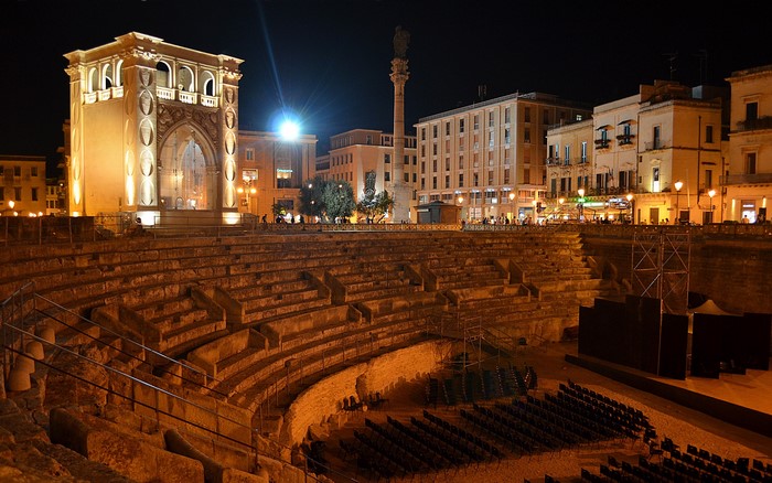 Roman Amphitheatre in Lecce, Italy at Night