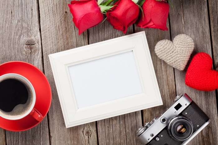 Valentine's Day Roses, Coffee, Photo Frame, Camera, and Hearts