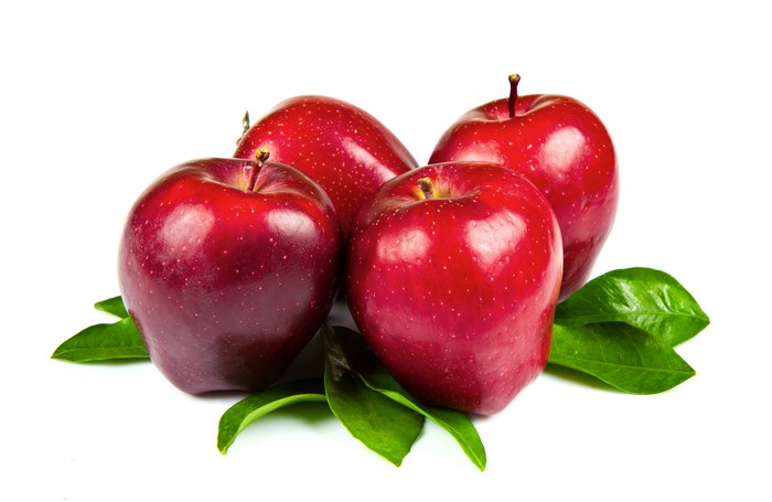 Four Red Apples with Green Leaves