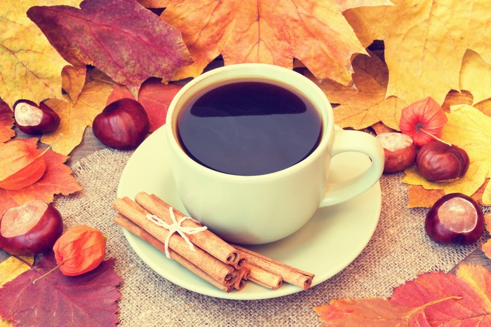 Coffee cup with cinnamon sticks and autumn leaves