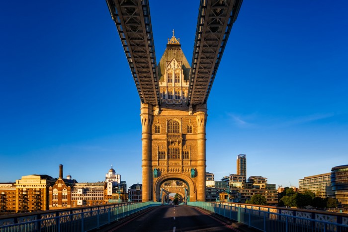 Tower Bridge in London under a clear blue sky