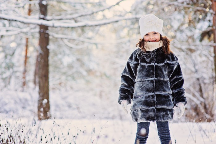 Girl in a fur coat in a snowy forest