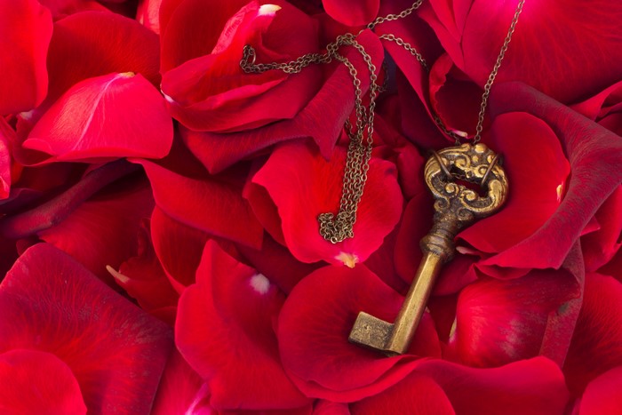 4K Antique Key on Red Rose Petals