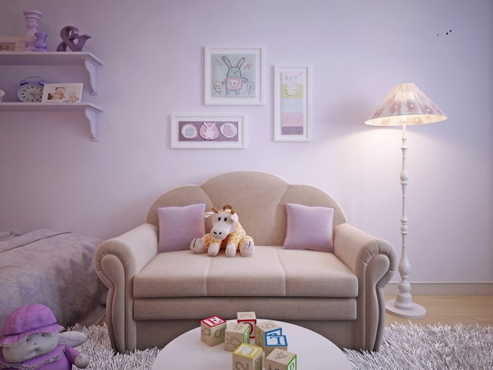 Children's room with sofa, lamp, and toys