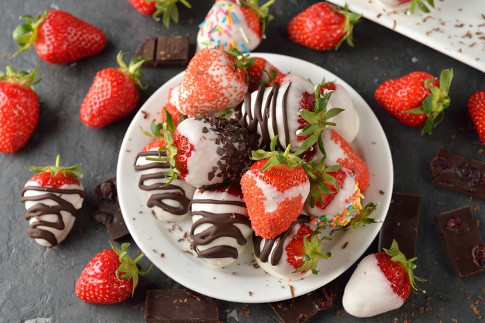 Chocolate-covered strawberries on a plate