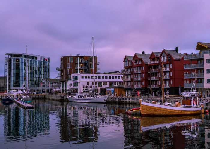 Boats docked in a harbor with modern buildings