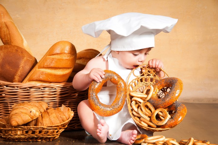 Baby Chef with Basket of Bread and Bagels