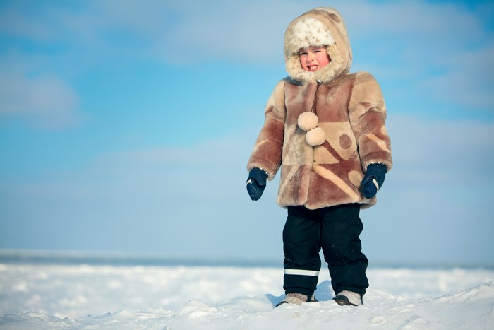 Boy in Fur Coat in Winter Landscape