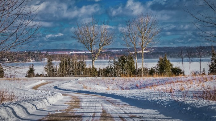 Snowy road in Leelanau, Michigan during winter