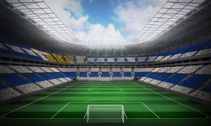 Football stadium with Uruguay flag
