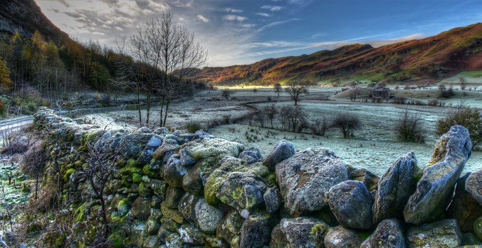 Stone wall in a frosty valley in the Lake District