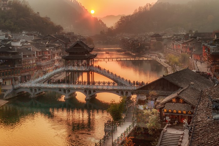 Ancient Chinese Town with Bridge at Sunrise